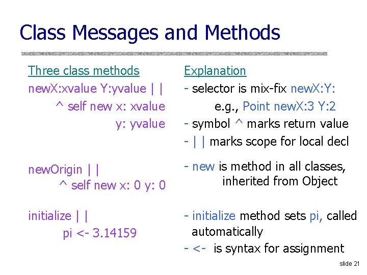 Class Messages and Methods Three class methods new. X: xvalue Y: yvalue | |