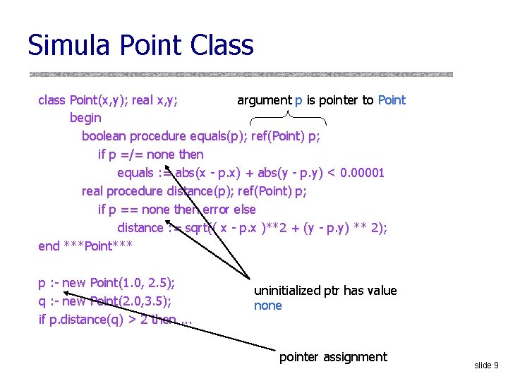 Simula Point Class class Point(x, y); real x, y; argument p is pointer to