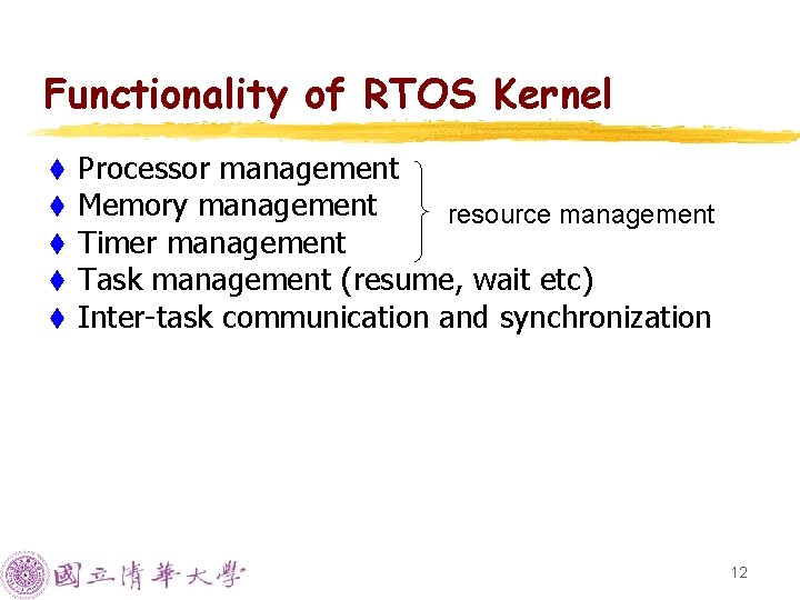 Functionality of RTOS Kernel t t t Processor management Memory management resource management Timer