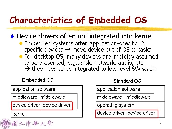 Characteristics of Embedded OS t Device drivers often not integrated into kernel l Embedded