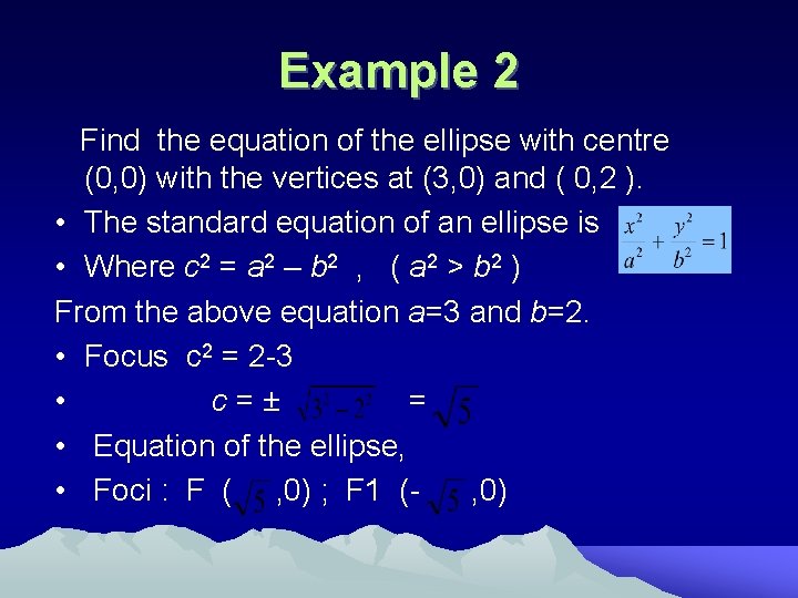 Example 2 Find the equation of the ellipse with centre (0, 0) with the