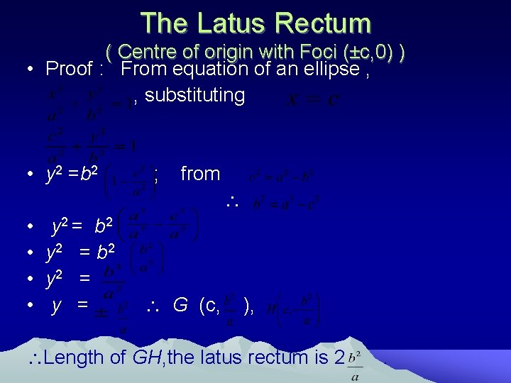 The Latus Rectum ( Centre of origin with Foci (±c, 0) ) • Proof