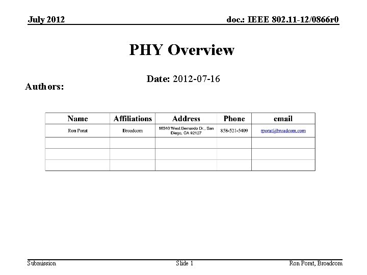 July 2012 doc. : IEEE 802. 11 -12/0866 r 0 PHY Overview Authors: Submission