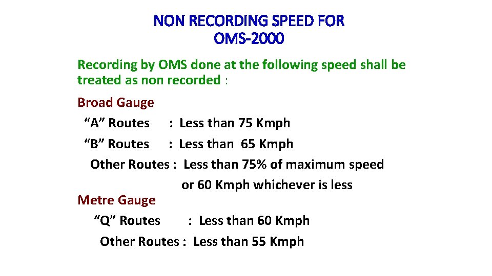 NON RECORDING SPEED FOR OMS-2000 Recording by OMS done at the following speed shall