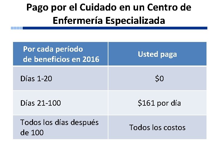 Pago por el Cuidado en un Centro de Enfermería Especializada Por cada período de