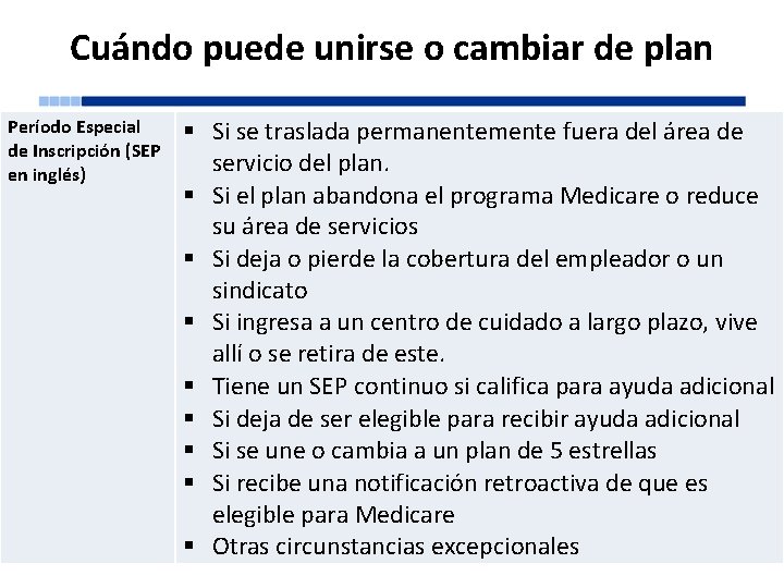 Cuándo puede unirse o cambiar de plan Período Especial de Inscripción (SEP en inglés)