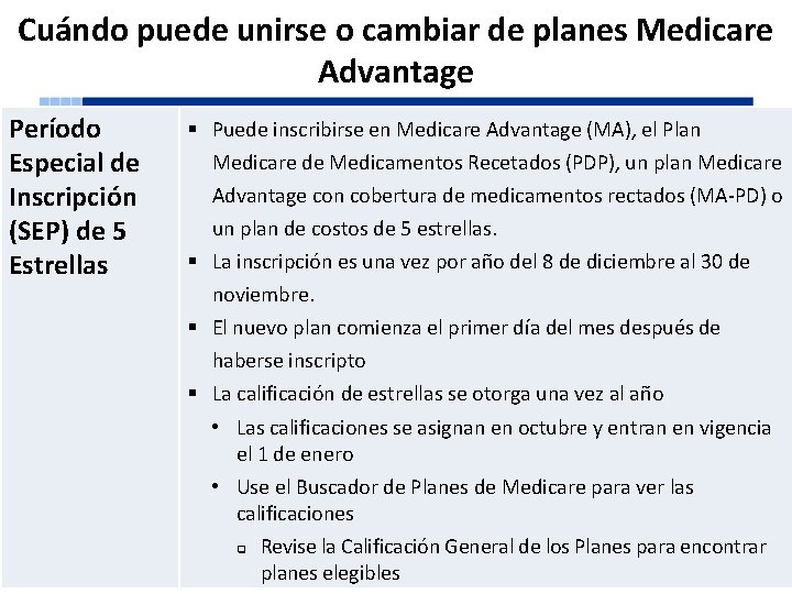 Cuándo puede unirse o cambiar de planes Medicare Advantage Período Especial de Inscripción (SEP)