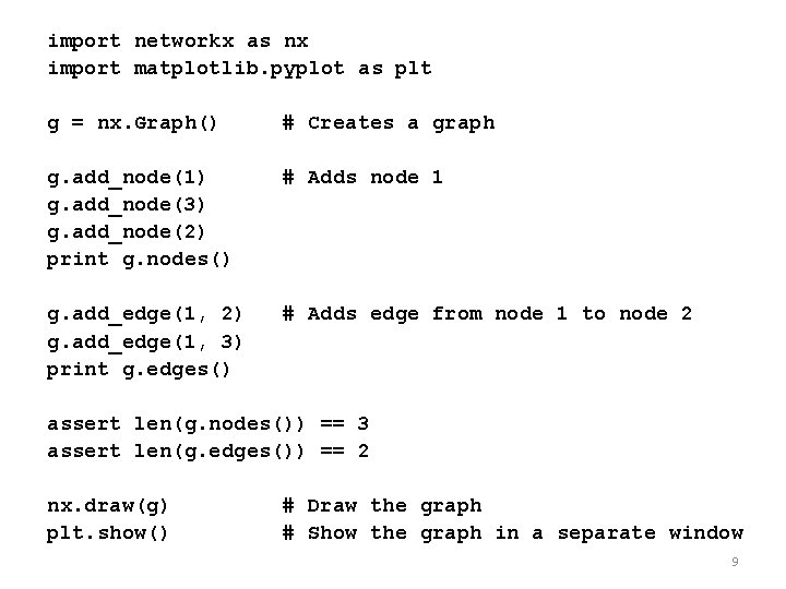 import networkx as nx import matplotlib. pyplot as plt g = nx. Graph() #