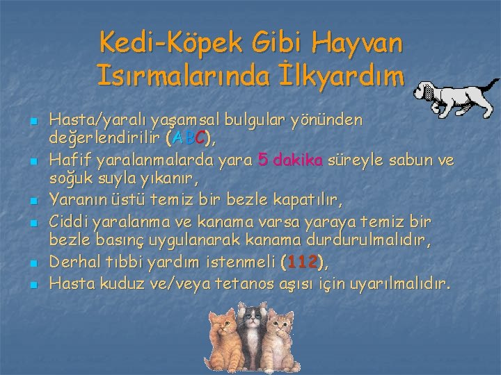 Kedi-Köpek Gibi Hayvan Isırmalarında İlkyardım n n n Hasta/yaralı yaşamsal bulgular yönünden değerlendirilir (ABC),