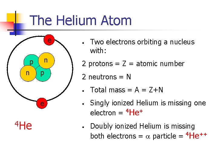 The Helium Atom e p n n p • 2 protons = Z =