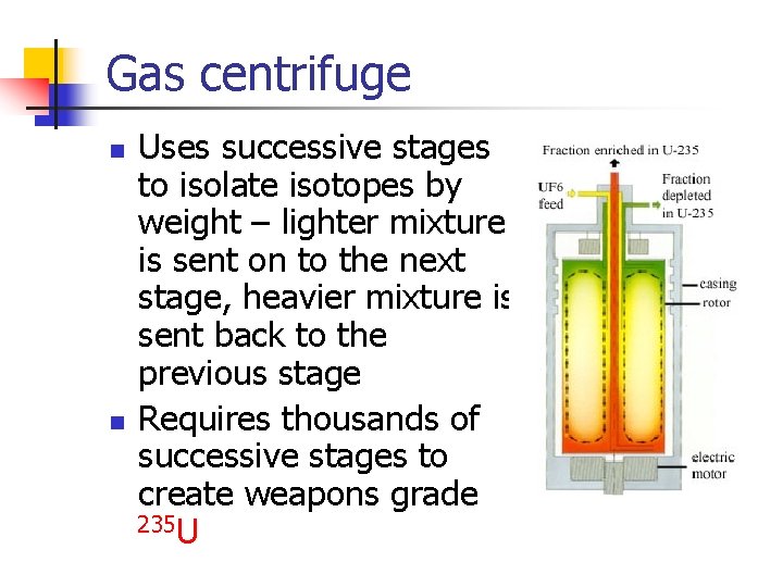 Gas centrifuge n n Uses successive stages to isolate isotopes by weight – lighter