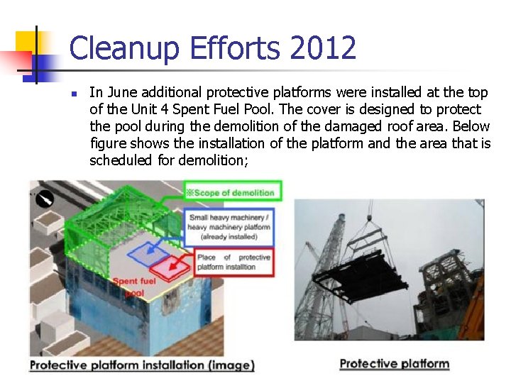 Cleanup Efforts 2012 n In June additional protective platforms were installed at the top