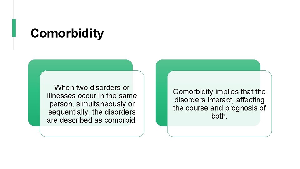 Comorbidity When two disorders or illnesses occur in the same person, simultaneously or sequentially,