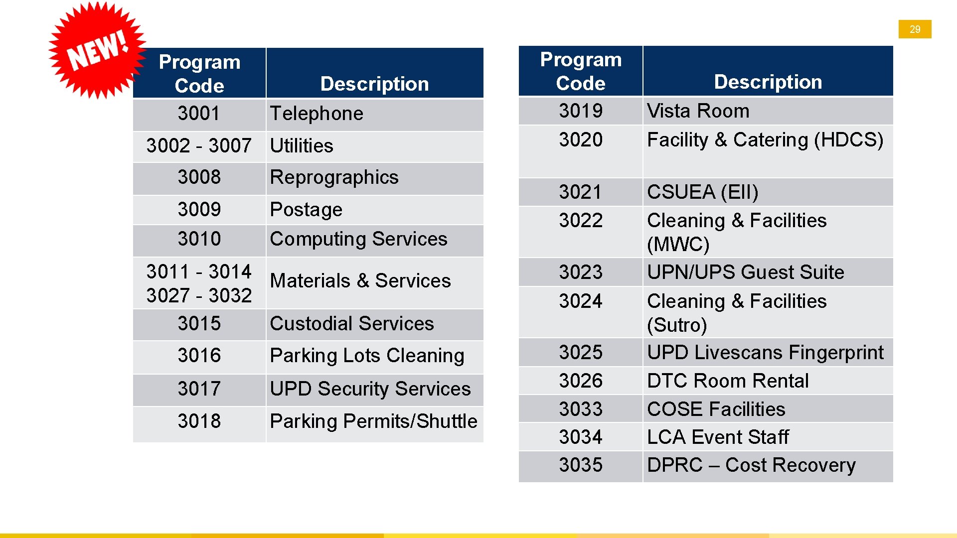 29 Program Code 3001 Description Telephone 3002 - 3007 Utilities 3008 Reprographics 3009 3010