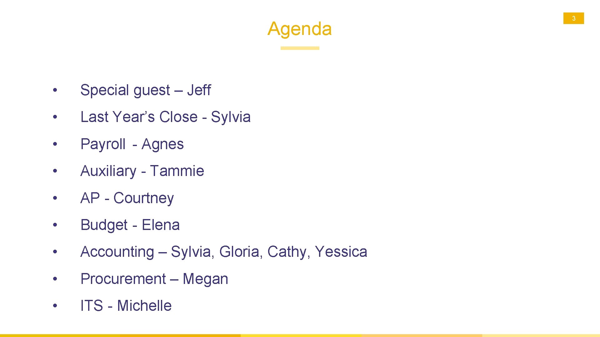 Agenda • Special guest – Jeff • Last Year’s Close - Sylvia • Payroll