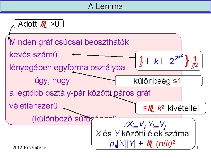 A Lemma Adott >0 Minden gráf csúcsai beoszthatók kevés számú lényegében egyforma osztályba úgy,