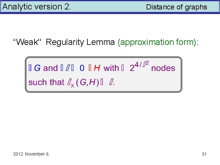 Analytic version 2. Distance of graphs “Weak" Regularity Lemma (approximation form): 2012. November 6.