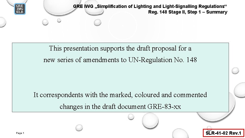 GRE IWG SLR GRE IWG „Simplification of Lighting and Light-Signalling Regulations“ Reg. 148 Stage