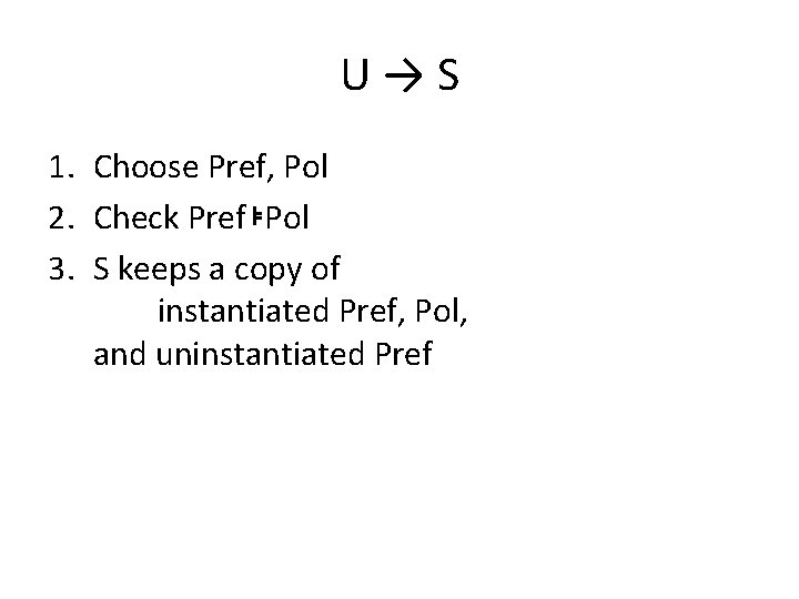 U→S 1. Choose Pref, Pol 2. Check Pref⊧Pol 3. S keeps a copy of