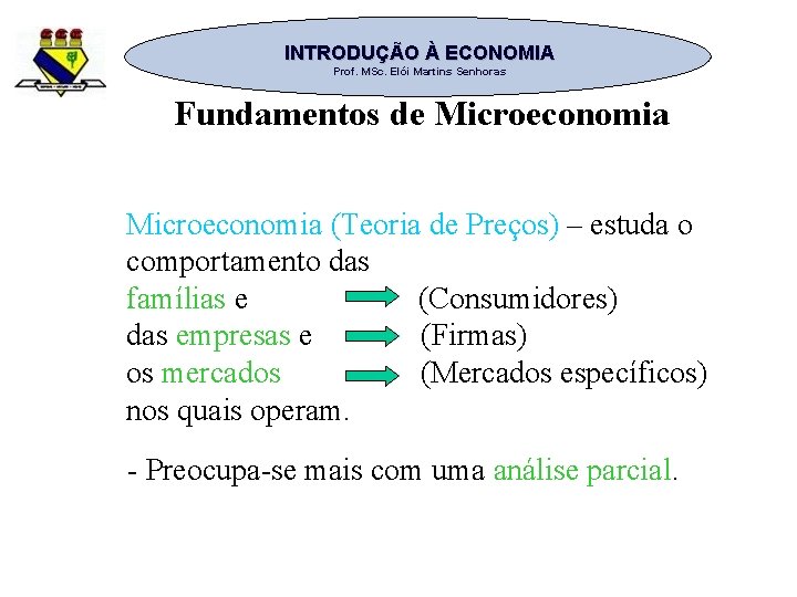 INTRODUÇÃO À ECONOMIA Prof. MSc. Elói Martins Senhoras Fundamentos de Microeconomia (Teoria de Preços)