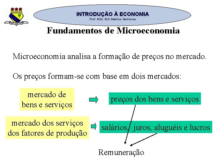 INTRODUÇÃO À ECONOMIA Prof. MSc. Elói Martins Senhoras Fundamentos de Microeconomia analisa a formação