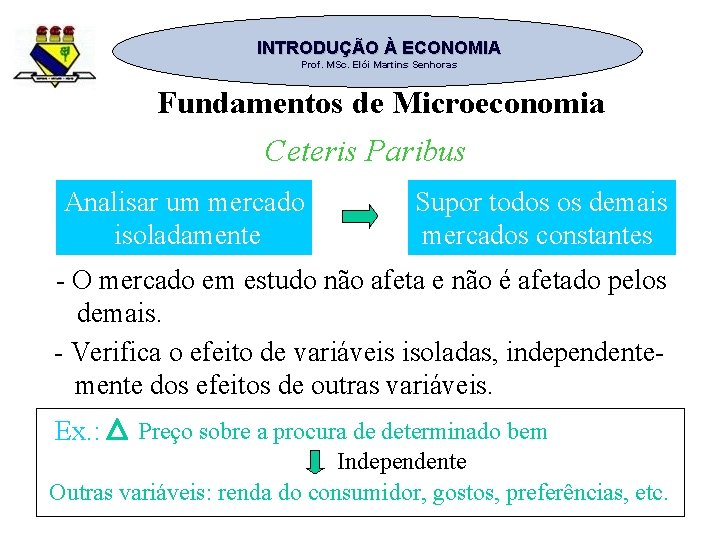 INTRODUÇÃO À ECONOMIA Prof. MSc. Elói Martins Senhoras Fundamentos de Microeconomia Ceteris Paribus Analisar