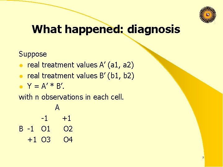 What happened: diagnosis Suppose l real treatment values A’ (a 1, a 2) l