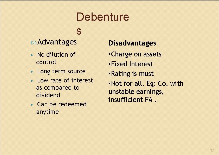 Debenture s Advantages Disadvantages No dilution of control • Long term source • Low