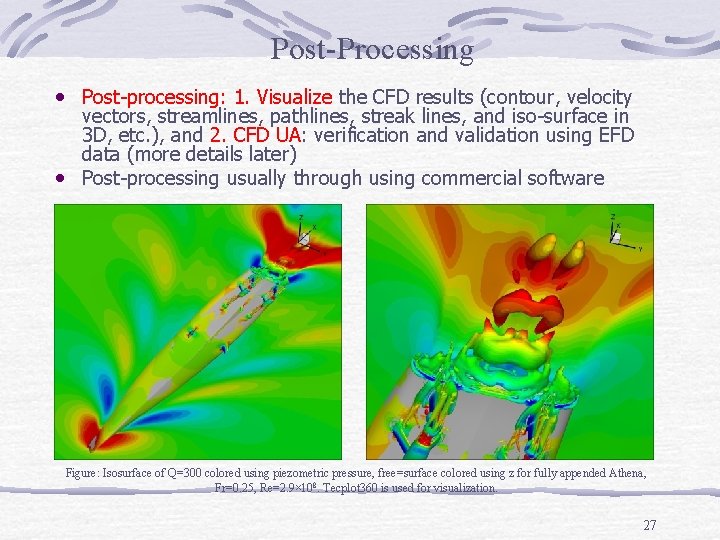 Post-Processing • Post-processing: 1. Visualize the CFD results (contour, velocity vectors, streamlines, pathlines, streak