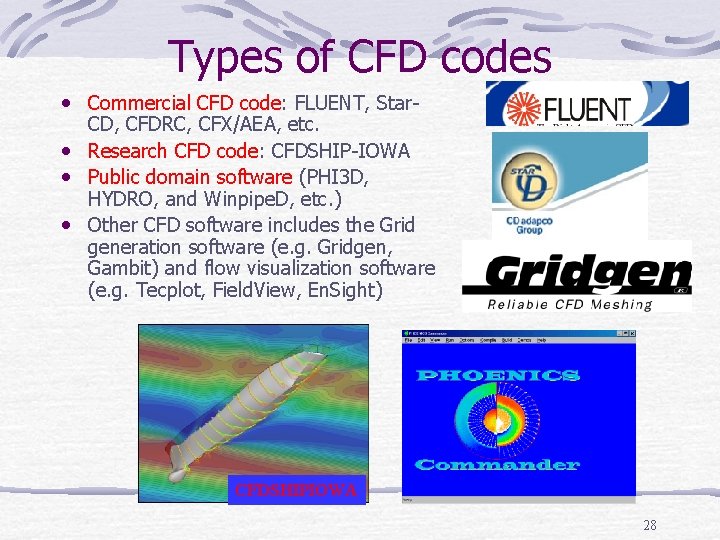 Types of CFD codes • Commercial CFD code: FLUENT, Star- CD, CFDRC, CFX/AEA, etc.