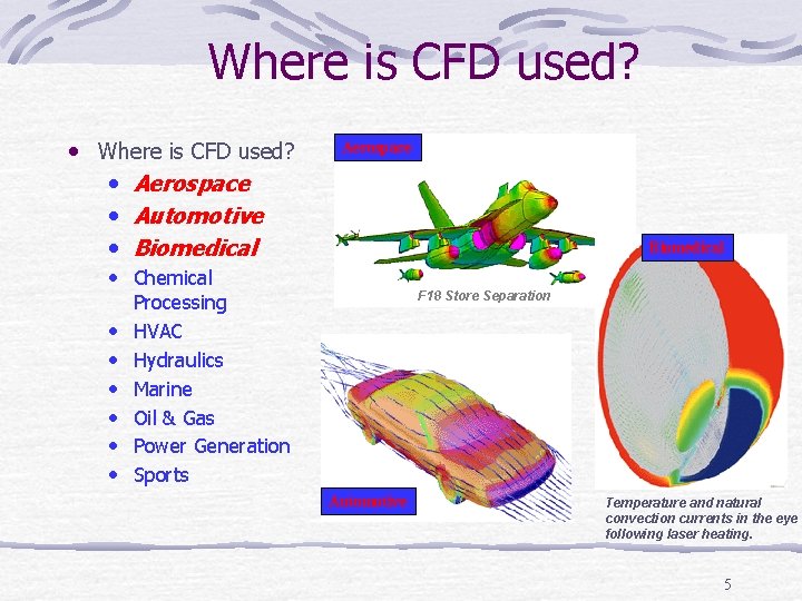 Where is CFD used? • Aerospace • Automotive • Biomedical Aerospace Biomedical • Chemical
