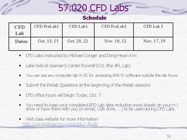 57: 020 CFD Labs Schedule CFD Lab Dates CFD Pre. Lab 1 CFD Pre.