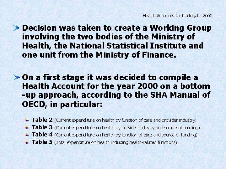 Health Accounts for Portugal - 2000 Decision was taken to create a Working Group
