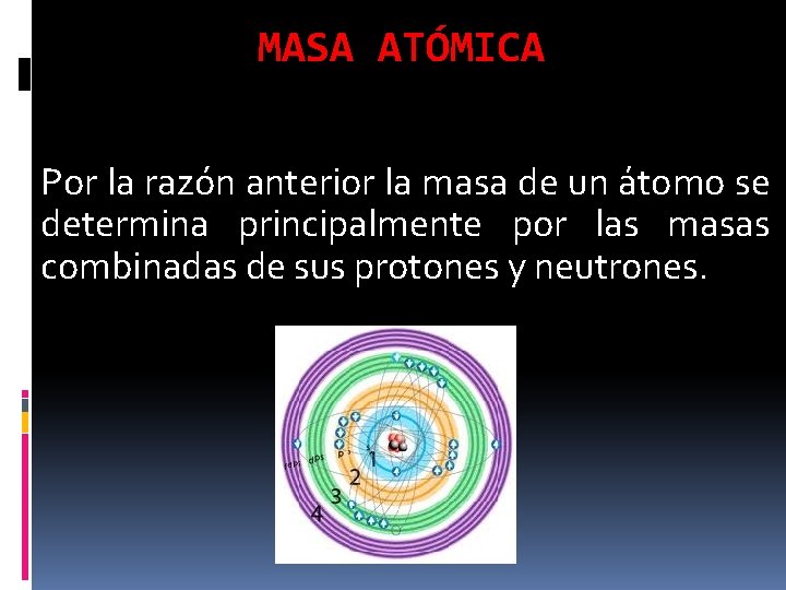 MASA ATÓMICA Por la razón anterior la masa de un átomo se determina principalmente