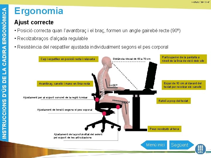 INSTRUCCIONS D’ÚS DE LA CADIRA ERGONÒMICA Ergonomia Ajust correcte • Posició correcta quan l’avantbraç