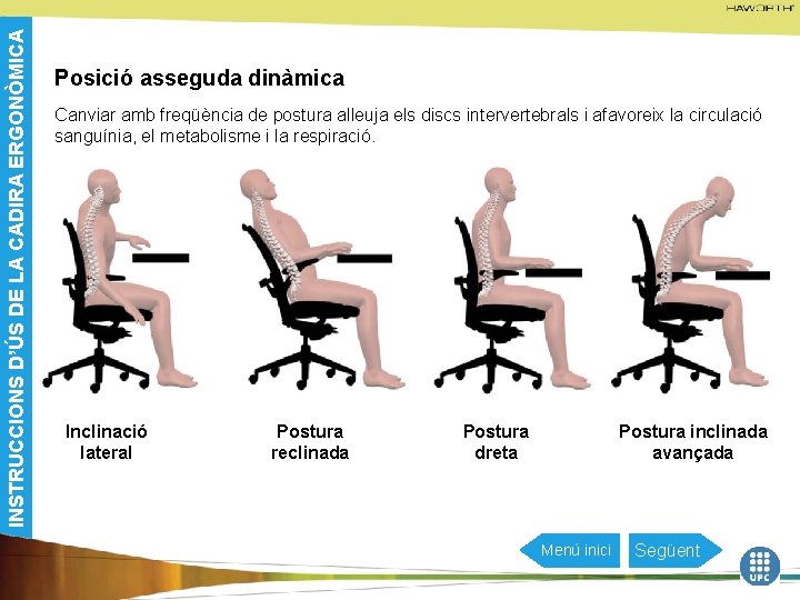 INSTRUCCIONS D’ÚS DE LA CADIRA ERGONÒMICA Posició asseguda dinàmica Canviar amb freqüència de postura