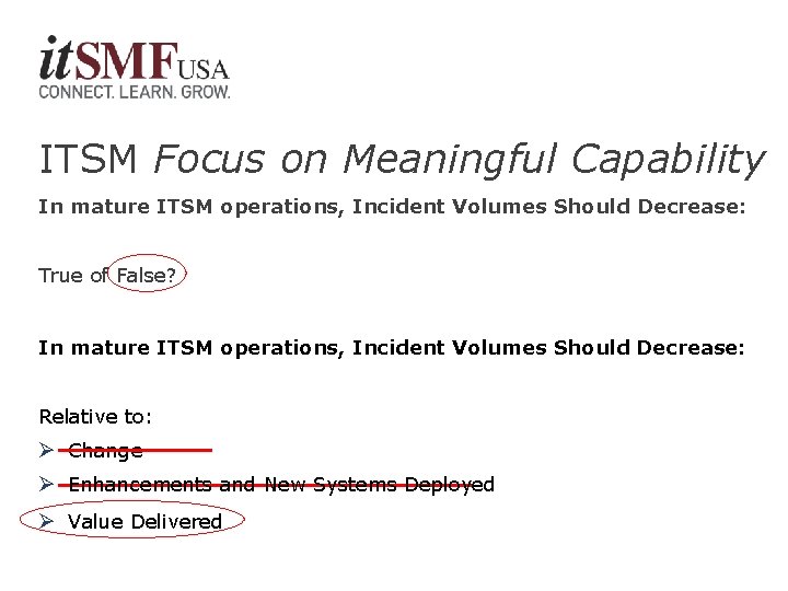 ITSM Focus on Meaningful Capability In mature ITSM operations, Incident Volumes Should Decrease: True
