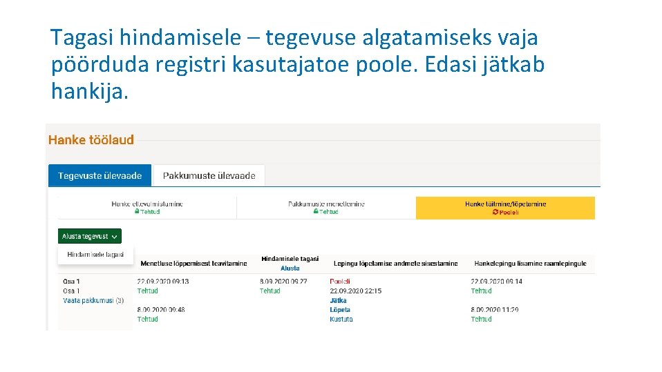 Tagasi hindamisele – tegevuse algatamiseks vaja pöörduda registri kasutajatoe poole. Edasi jätkab hankija. 