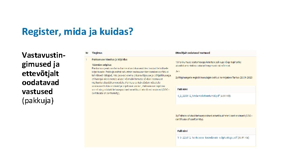 Register, mida ja kuidas? Vastavustingimused ja ettevõtjalt oodatavad vastused (pakkuja) 