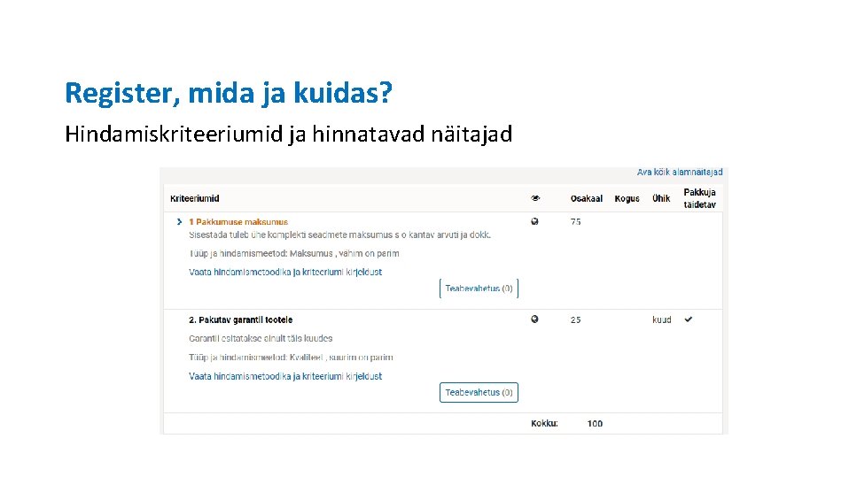 Register, mida ja kuidas? Hindamiskriteeriumid ja hinnatavad näitajad 