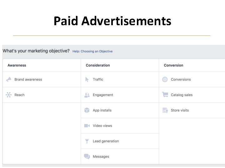 Paid Advertisements What is the goal of our ad? Are we trying to drive