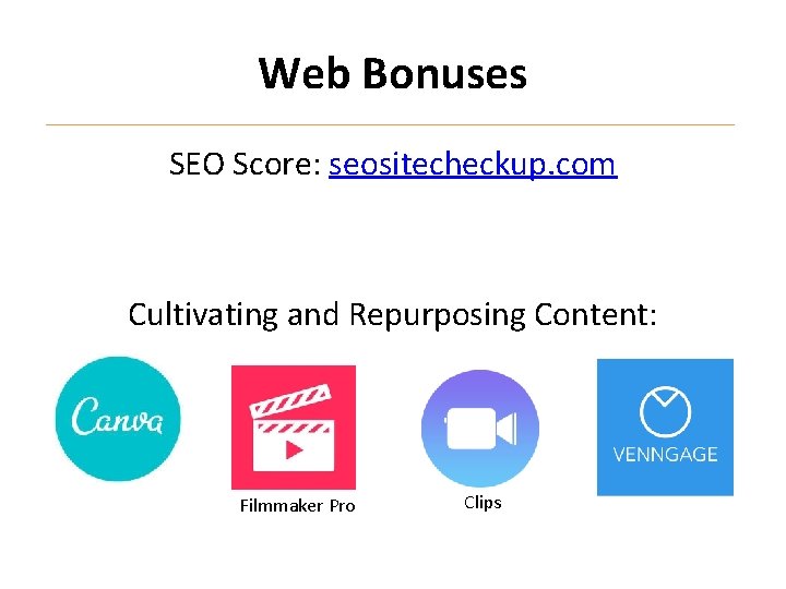 Web Bonuses SEO Score: seositecheckup. com Cultivating and Repurposing Content: Filmmaker Pro Clips 