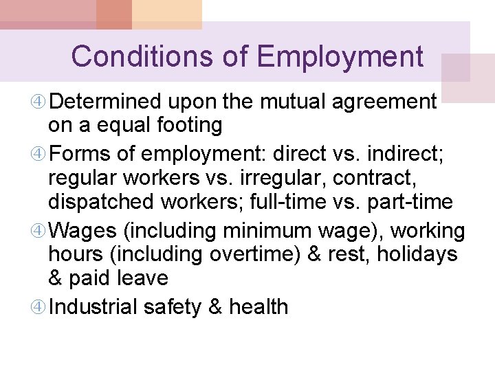 Conditions of Employment Determined upon the mutual agreement on a equal footing Forms of