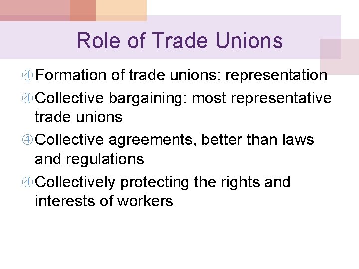 Role of Trade Unions Formation of trade unions: representation Collective bargaining: most representative trade