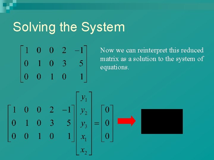 Solving the System Now we can reinterpret this reduced matrix as a solution to