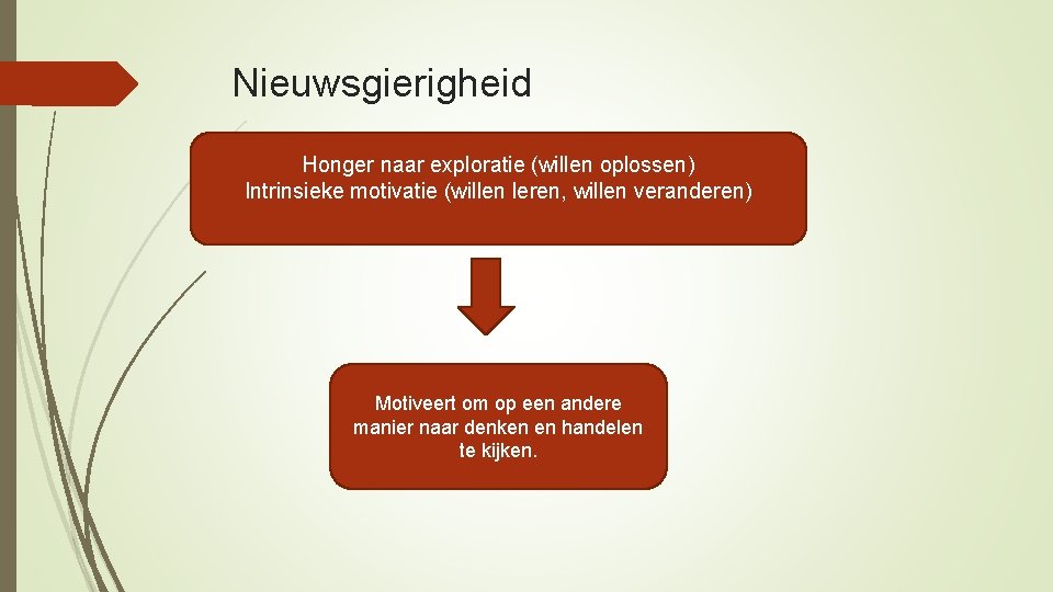 Nieuwsgierigheid Honger naar exploratie (willen oplossen) Intrinsieke motivatie (willen leren, willen veranderen) Motiveert om