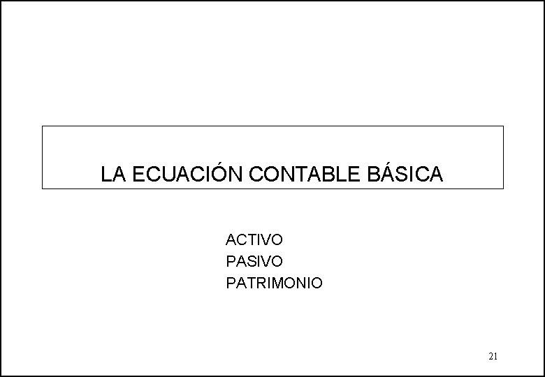 LA ECUACIÓN CONTABLE BÁSICA ACTIVO PASIVO PATRIMONIO 21 