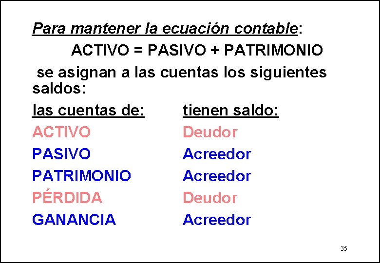 Para mantener la ecuación contable: ACTIVO = PASIVO + PATRIMONIO se asignan a las