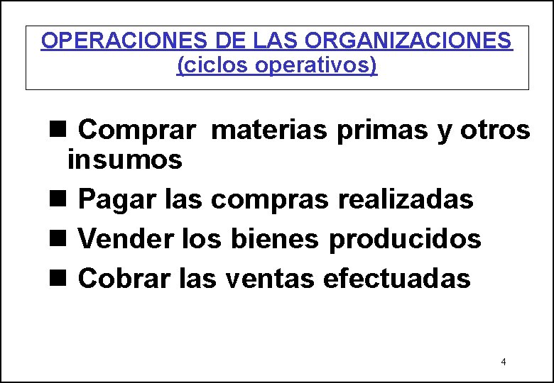 OPERACIONES DE LAS ORGANIZACIONES (ciclos operativos) n Comprar materias primas y otros insumos n