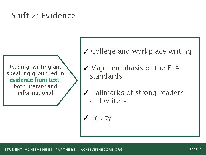 Shift 2: Evidence ✓ College and workplace writing Reading, writing and speaking grounded in